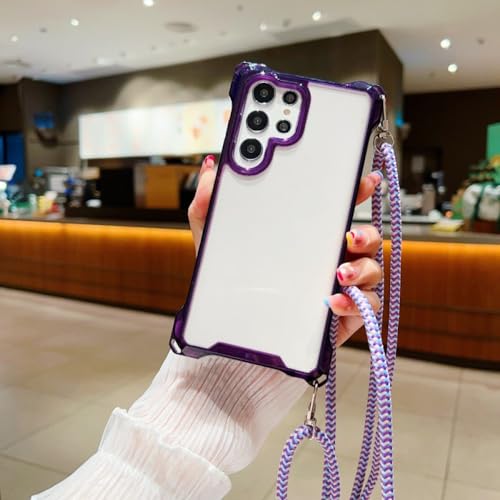 NICRX Vier Ecken Strap Case für Samsung Galaxy S24 Ultra/S24 Plus, Transparent mit Lila Muster, Silikon-TPU, Schutz durch einzigartiges Muster, Crossbody von NICRX