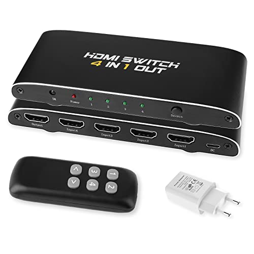 HDMI Switch 4k HDMI Umschalter 4 In 1 Out, HDMI Adapter 4 Ports HDMI Switcher Unterstützung 4K@60Hz 3D HD 1080P kompatibal mit HDTV PS3 PS4 Blu-ray DVD Heimkino mit Fernbedienung&Netzteil von NIERBO