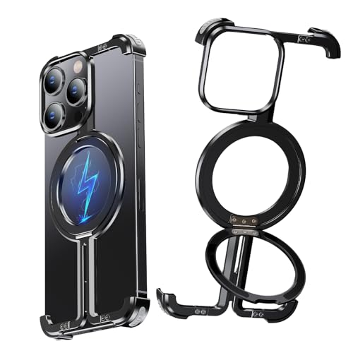 NIFBANG Rahmenlose Aluminium für iPhone 14 PRO MAX Hülle,Magnetisch Stoßfest Handyhülle mit Magsafe,Anti-Scratch Anti-Fingerprint hüllen Dünn,Schutzhülle mit Integrierter Ständer (Schwarz) von NIFBANG