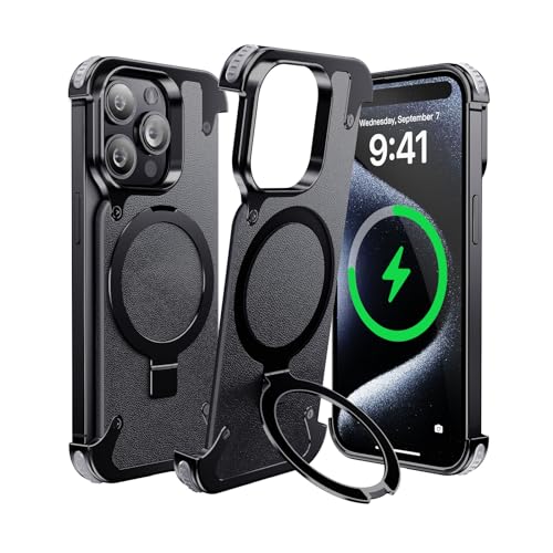 NIFBANG Schutzhülle für iPhone 15 Pro, magnetische, stoßfeste Aluminiumschalen [Schutz in Luftfahrtqualität], Leder, kratzfest, Anti-Fingerabdruck, schlanke Schutzhülle mit integriertem Ständer, von NIFBANG
