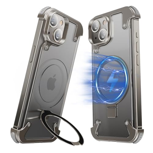NIFBANG Stoßfest Aluminium für iPhone 15 Hülle mit Magsafe,Durchscheinend Rahmenlose Handyhülle Anti-Scratch Anti-Fingerprint Handyhüllen Dünn,Schutzhülle mit Integrierter Ständer Phone Case von NIFBANG