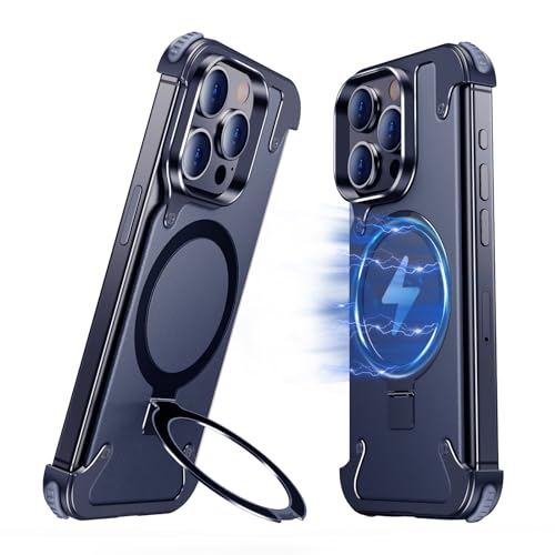 NIFBANG Stoßfest Aluminium für iPhone 15 Pro Hülle mit Magsafe,Leder Rahmenlose Handyhülle Anti-Scratch Anti-Fingerprint Handyhüllen Dünn,Schutzhülle mit Integrierter Ständer Phone Case von NIFBANG