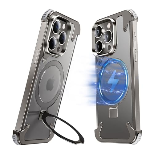 NIFBANG Stoßfest Aluminium für iPhone 15 Pro Max Hülle mit Magsafe,Durchscheinend Rahmenlose Handyhülle Anti-Scratch Anti-Fingerprint Handyhüllen Dünn,Schutzhülle mit Integrierter Ständer von NIFBANG