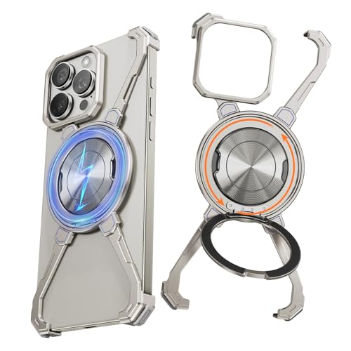 NIFBANG X Hülle für iPhone 15 Pro Max Hülle mit Magsafe,360° Drehbar Magnetisch Ständer,Rahmenlose Metall Handyhülle Case,Anti-Scratch Kameraschutz Schutzhülle Slim Bumper Cover,Titan Natur von NIFBANG