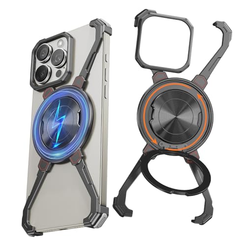 NIFBANG X Shape für iPhone 16 Pro Max Hülle mit Magsafe,360° Drehbar Magnetisch Ständer,Rahmenlose Aluminium Metall Handyhülle Cover,Militär Grade Stoßfest Schutzhülle Slim Bumper Case,Schwarz von NIFBANG