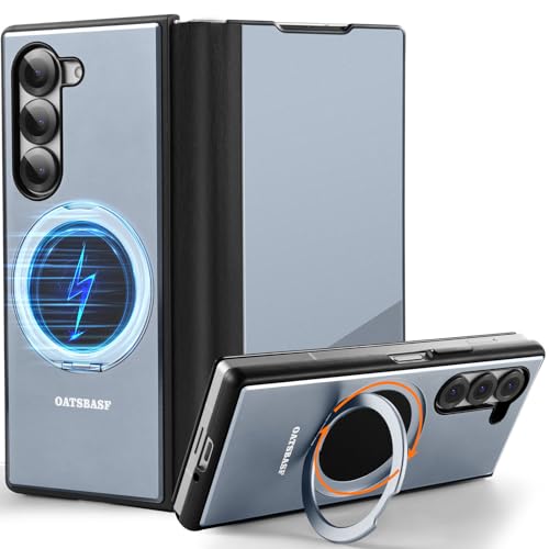 NIFBANG für Samsung Galaxy Z Fold 6 Hülle mit Magsafe,360°Drehbar Magnet Ständer Handyhülle,[Echt Leder + Metall Aluminium] Stoßfest Schutzhülle,Klappbar Flip Case Cover für Galaxy Z Fold 6,Grau von NIFBANG