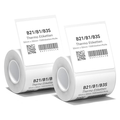 2 x Etiketten Kompatibel mit NIIMBOT B1 B21 B3S Etikettendrucker, 50 x 50mm Etikettierpapier, Schwarzer Druck auf Weißem Etikettierpapier, 150 Etiketten/Pro Rolle (Weiß) von NIIMBOT