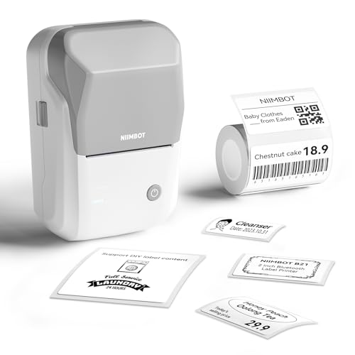 NIIMBOT B1 Etikettendrucker mit 1 Rolle Starterband, Bluetooth Selbstklebendes Etikettiergerät, Beschriftungsgerät Druckgröße 20-50mm Kompatibel mit iOS und Android für Zuhause, Büro (Grau) von NIIMBOT