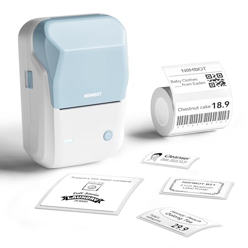 NIIMBOT B1 Etikettendrucker mit 1 Rolle Starterband, Bluetooth Selbstklebendes Etikettiergerät, Beschriftungsgerät Druckgröße 20-50mm Kompatibel mit iOS und Android für Zuhause, Büro (Hellblau) von NIIMBOT