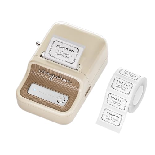 NIIMBOT B21 Etikettendrucker mit 1 Rolle Starterband, Bluetooth Selbstklebendes Etikettiergerät, Beschriftungsgerät Druckgröße 20-50mm Kompatibel mit iOS und Android für Zuhause, Büro (Beige) von NIIMBOT