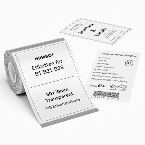 NIIMBOT Etiketten für B1 B21 B3S Etikettendrucker, 50 x 70mm 110 Etiketten/Rolle, 1 Rolle Selbstklebender Etikettenband für Supermärkte, Einzelhandel, Büro, Transparent NIIMBOT Etiketten für B1 B21 B3S Etikettendrucker, 50 x 70mm 110 Etiketten/Rolle, 1 Rolle Selbstklebender Etikettenband für Supermärkte, Einzelhandel, Büro, Transparent von NIIMBOT