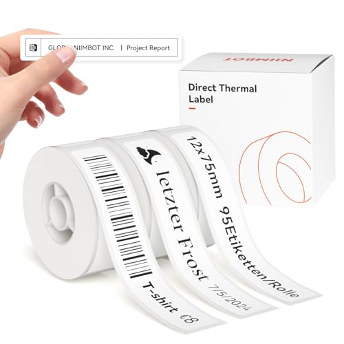 NIIMBOT Etiketten für D110/D11/D101 Etikettendrucker, 12 x 75 mm (0.47'' x 2.95'') 95 Etiketten pro Rolle, 3 Rollen Selbstklebender Etikettenband für Zuhause, Büro, Schule, Weiß von NIIMBOT