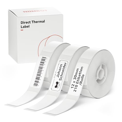 NIIMBOT Thermo Etiketten Selbstklebend, 12 x 30mm Etikettendrucker Thermopapier Kompatibel mit dem D110 D11 D101 Etikettendrucker, 210 Etiketten/Rolle (3-Rollen-Pack, Weiß) von NIIMBOT