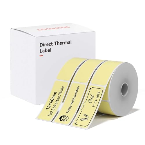 NIIMBOT Thermo Etiketten Selbstklebend, 12 x 40mm Etikettendrucker Thermopapier Kompatibel mit dem D110 D11 D101 Etikettendrucker, 160 Etiketten/Rolle (3-Rollen-Pack, Gelb) von NIIMBOT