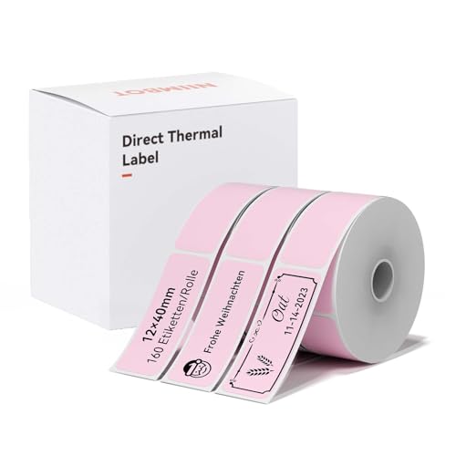 NIIMBOT Thermo Etiketten Selbstklebend, 12 x 40mm Etikettendrucker Thermopapier Kompatibel mit dem D110 D11 D101 Etikettendrucker, 160 Etiketten/Rolle (3-Rollen-Pack, Rosa) von NIIMBOT