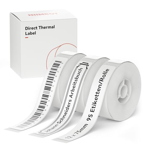 NIIMBOT Thermo Etiketten Selbstklebend, 12 x 75mm Etikettendrucker Thermopapier Kompatibel mit dem D110 D11 D101 H1S Etikettendrucker, 95 Etiketten/Rolle (3-Rollen-Pack, Weiß) von NIIMBOT