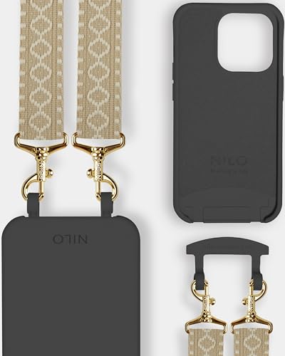 NILO® Set | Olive Case - Handyhülle mit Band | iPhone 15 Pro Max | Beige Berry Handyband | Karabiner Gold von NILO