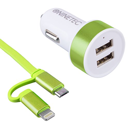 NINETEC® 3.1A Dual Auto Ladegerät Zigarettenanzünder 2X Smart IQ USB 2in1 Ladekabel Grün Lightning für Apple und Micro-USB für Android Geräte von NINETEC