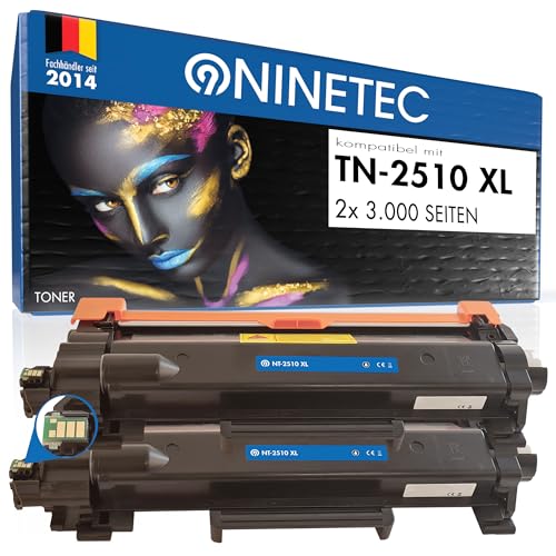 NINETEC 2 Toner je 3000 Seiten mit Chip kompatibel für Brother TN2510XL TN-2510 XL für MFC-L2835DW MFC-L2860DW MFC-L2800DW HL-L2445DW DCP-2660DW HL-L2400D DW DWE 2440DWE 2460DW (schwarz, 2er-Pack) von NINETEC
