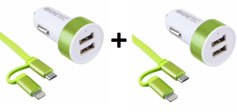NINETEC Kfz 2x USB Adapter Ladeadapter 3.1A LKW Handy Zigarettenanzünder Autoladekabel, Lightning, Micro-USB (100 cm), 2 USB Ports, Flexibel von NINETEC