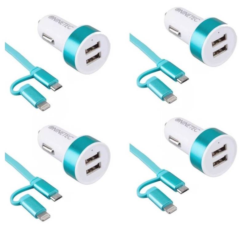 NINETEC Zigarettenanzünder-Verteiler [4erpack] Auto Ladegerät Zigarettenanzünder 2X Smart IQ USB 2in1 (4-St), Ladekabel Blau Lightning für Apple und Micro-USB für Android Geräte von NINETEC