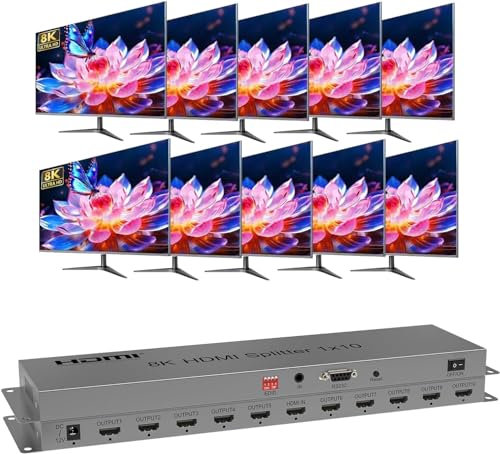 8K 60Hz HDMI Splitter 1x10 10 Port HDMI Switch 1 in 10 Out 1 Port zu 10 HDMI Display kommt mit 10 Arten von EDID-Modi Integrierte IR-Erweiterungsfunktion Unterstützt das HDR 3D-Videoformat von NINGKANGSHENG
