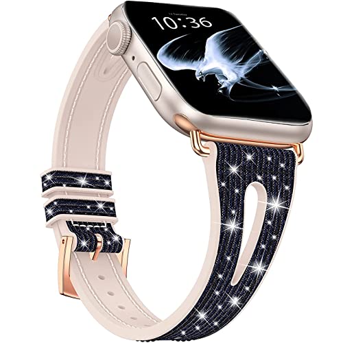 NINKI Bling Band Kompatibel für Apple Watch 41mm 40mm 38mm Damen Bling Ersatzarmband iWatch Silikonband Dünnes leder Ersatzbänder für Apple Watch Serie 8 7 6 5 4 3 2 1 SE Mädchen - Mitternachtsblau von NINKI