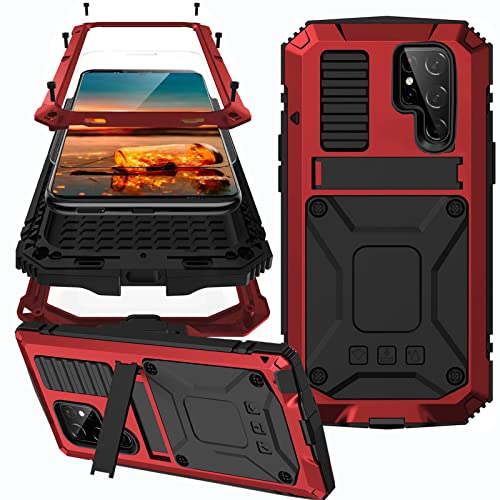 NINKI Compatible Rugged Samsung Galaxy S23 Ultra Metal Silicone Case with Screen Protector & Stand,360°Military Shockproof Dustproof Cover Case for Samsung S23 Ultra Phone Case with Kickstand Men Red von NINKI
