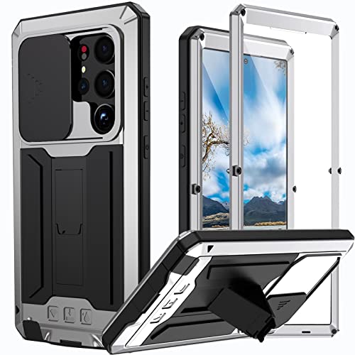 NINKI Compatible Samsung Galaxy S23 Ultra Case Camera Cover with Screen Protector Metal,Military Shockproof Dustproof Case for Galaxy S23 Ultra Case Samsung S23 Ultra Phone Case with Kickstand Silver von NINKI