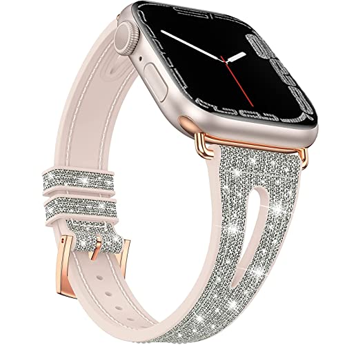 NINKI Glitzerband für Apple Watch 42mm 44mm 45mm 49mm Damen Bling Band Echtleder & Silikon Ersatzband Mädchen süßes schmales Ersatzarmband iWatch Bands für Series Ultra 8 7 6 5 4 3 2 1 - Grau Silber von NINKI