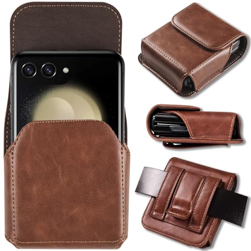 NINKI Gürtelclip Case Kompatibel Samsung Galaxy Z Flip 5,Z Flip 4,Z Flip 3,Z Flip 2, Motorola Razr 40 Ultra Hülle Gürtelclip, Leder Telefonhülle Hülle für Motorola Razr Plus 2023 Schutzhülle Braun von NINKI