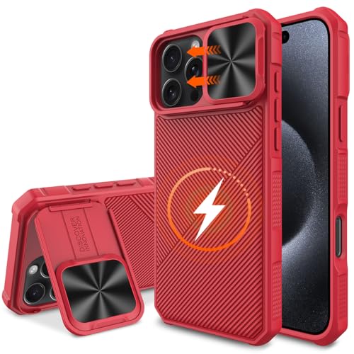 NINKI Kameralinsenschutz für iPhone 16 Pro Max, 17,5 cm (6,9 Zoll), kompatibel mit Magsafe, 360° Rundumschutz, robuster Ständer, magnetische Hülle mit Kameralinsenschutz, Rot von NINKI
