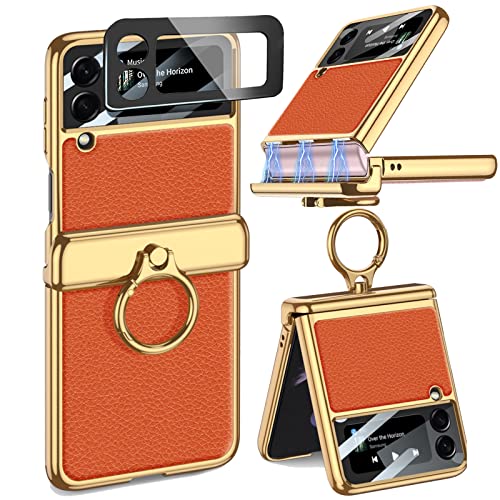 NINKI Klapphülle für Samsung Galaxy Z Flip 3 5G magnetische Hülle mit Displayschutzfolie Ganzkörper-Schutzhülle mit Ring für Samsung Flip 3, Handyhülle für Galaxy Z Flip 3 case mit Stand - Orange von NINKI