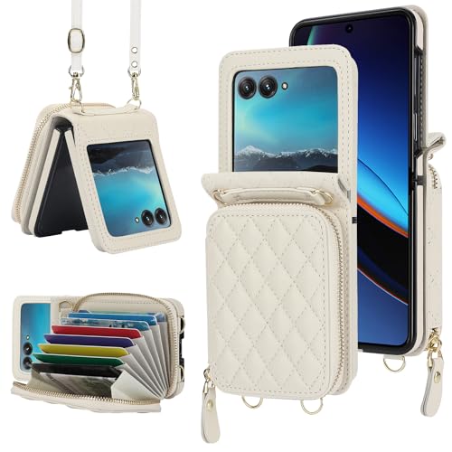 NINKI Kompatibel Motorola Razr 40 Ultra hülle mit Kartenhalter,Stoßfeste PU Leder Schlutergurt Cover Schutzhülle handyhülle für Motorola Razr+ Wallet Case, Motorola Razr Plus Case für Frauen Weiß von NINKI