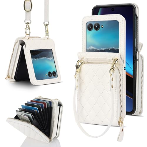 NINKI Kompatibel Motorola Razr 50 Ultra hülle mit Kartenfach,Stoßfeste PU Leder Schlutergurt Cover Schutzhülle handyhülle für Motorola Razr 50 Wallet Case, Motorola Razr 50 Case für Frauen Weiß von NINKI