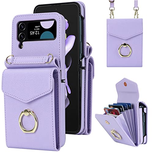 NINKI Kompatibel Samsung Galaxy Z Flip 4 Hülle mit Kartenhalter,Frauen Mädchen PU Leder Geldbörse Case mit Schultergurt Samsung Flip 4 Handyhülle für Galaxy Z Flip 4 5G Telefonhülle Lila von NINKI