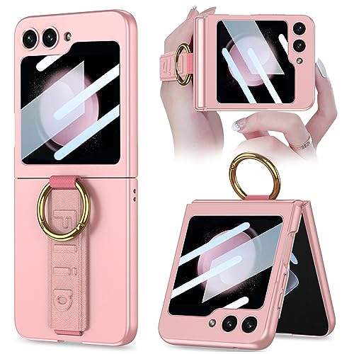 NINKI Kompatibel Samsung Galaxy Z Flip 5 Hülle mit Bildschirmschutz, Stoßfeste dünne Stoßstange Telefonhülle für Samsung Flip 5 Phone Case mit Ring, Galaxy Flip 5 Gurt Cover Frauen Mädchen Rosa von NINKI