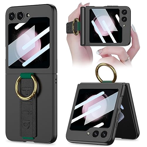 NINKI Kompatibel Samsung Galaxy Z Flip 5 Hülle mit Displayschutzfolie,Stoßfeste Hard PC Cover Schutzhülle Gurt Handyhülle für Samsung Z Flip 5 Case mit Ring,Galaxy Z Flip 5 Telefonhülle Schwarz von NINKI