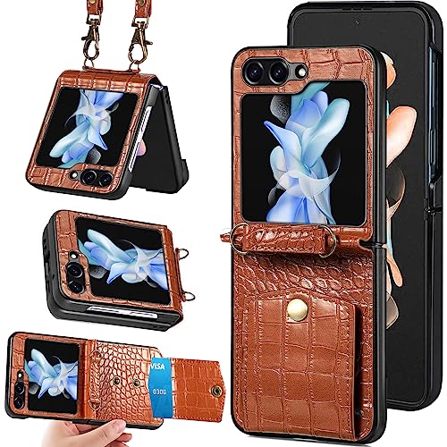 NINKI Kompatibel Samsung Galaxy Z Flip 5 Hülle mit Kartenhalter,Stoßfeste Geldbörse Kunstleder Crossbody Schutzhülle für Galaxy Z Flip 5 Telefonhülle mit Lanyard,Samsung Z Flip 5 handyhülle Braun von NINKI