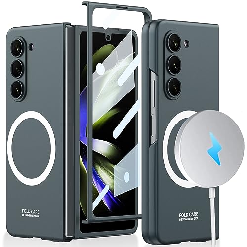 NINKI Kompatibel mit Magsafe Cover für Slim Samsung Galaxy Z Fold 5 Hülle mit eingebautem Displayschutz, Militärische Vollschutzhülle für Galaxy Z Fold 5 Hülle Scharnierschutz Z Fold 5 Cover Grün von NINKI