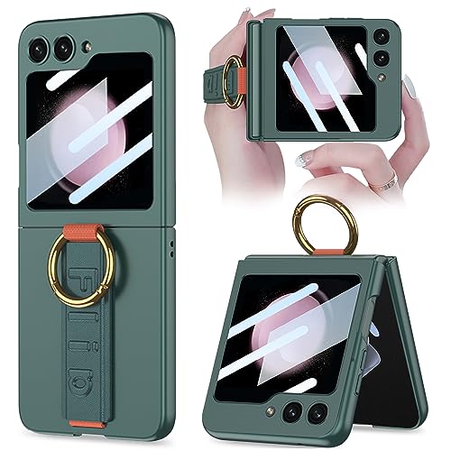NINKI Kompatible Gurt Case für Samsung Galaxy Z Flip 6 Ringhalter Hülle,Stoßfeste Hard PC Schutzhülle mit Kamera Displayschutz Galaxy Z Flip 6 Cover mit Handschlaufe,Flip 6 Handyhülle Grün von NINKI