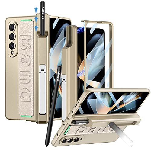 NINKI Kompatible Gurt Case für Samsung Galaxy Z Fold 4 hülle mit S Stift Halter, Samsung Z Fold 4 [Scharnierschutz] [Displayschutzfolie] Handyhülle,Galaxy Fold 4 Champagner Gold Ständer Schutzhülle von NINKI