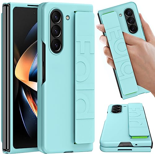 NINKI Kompatible Hand Strap Case für Samsung Galaxy Z Fold 5 Phone Hülle Frauen Männer, Ultra Slim/Dünn Stoßfeste PC Matte Schutzhülle für Galaxy Fold 5 Strap Cover, Samsung Fold 5 handyhülle Blau von NINKI