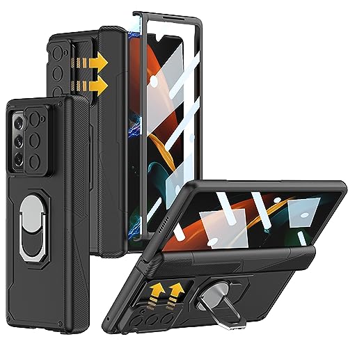 NINKI Kompatibel Samsung Galaxy Z Fold 2 Hülle mit Displayschutzfolie & Slide Camera Cover, 5 in 1 Magnetic Hinge Case With Protection, Phone Ring Case Black von NINKI