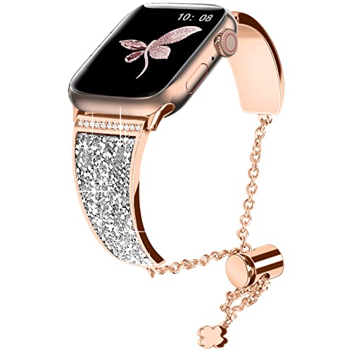 NINKI Mädchen Armband für Apple Watch Metallband Roségold mit Silber 45mm 49mm 44mm 42mm Kristall-Strass dünn Band für iWatch verstellbar Ersatzband Series Ultra,8,7, 6, 5, 4, 3, 2, 1 Ersatzarmband von NINKI