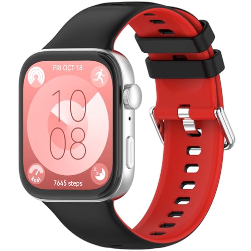 NINKI Sport Armband für Huawei Watch Fit 3 Silikon Armband Huawei Watch Fit 3 Armband Uhrenarmband, verstellbare Länge Band für Huawei Fit 3 Band Ersatzband Silikon Ersatzarmband -Schwarz Rot von NINKI