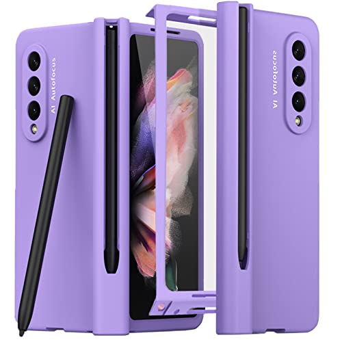 NINKI Violett Hülle【Ohne S Pen】für Samsung Galaxy Z Fold 3 Handyhülle mit S Pen Halter Scharnierschutz, Vollständige Schutzhülle mit Front Displayschutz Klapphülle für Galaxy Z Fold 3 5G - Violett von NINKI