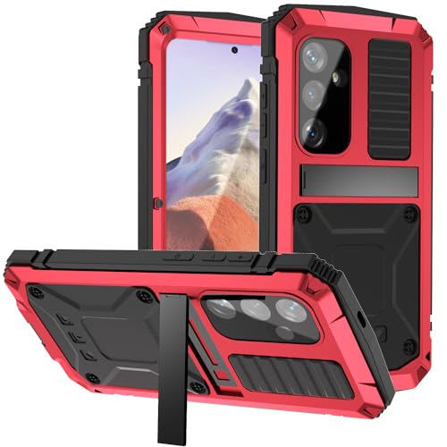 NINKI hülle Für Samsung Galaxy S24 Metal Case mit Displayschutzgurt Metallhülle, Schutz Rugged Cover Samsung Galaxy S24 Schutzhülle für Samsung S24 Handyhülle mit Gurt Rot von NINKI