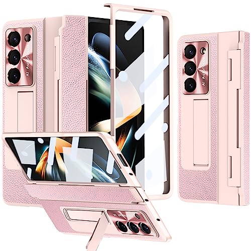 NINKI kompatibel mit Samsung Galaxy Z Fold 5 Case mit Ständer, Anti Fingerabdruck stoßfestem PC Cover Leder Hülle Samsung Galaxy Z Fold 5 Handyhülle mit Scharnier Frauen Männer Rosa von NINKI