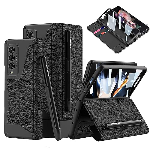 NINKI für Samsung Galaxy Z Fold 5 Hülle mit Scharnierschutz Handyhülle 2 Kartensteckplätze abnehmbare Stifthalter Geldbörse Schutzhülle, Samsung Galaxy Z Fold 5 Case Litschi Muster schwarz von NINKI